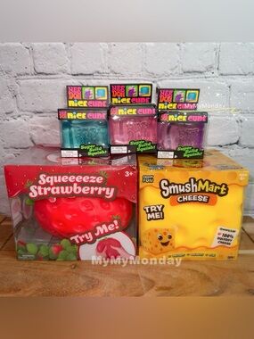 NeeDoh Nice Cube & Sunny Days Jumbo Strawberry Squishy & Cheese Squishy Bundle